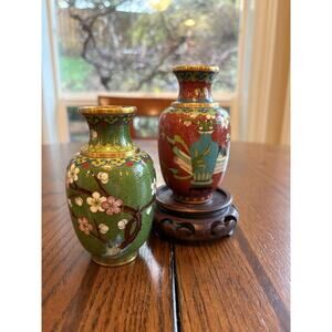 Two Chinese Cloisonné Enamel Mini Vases — Green — Red